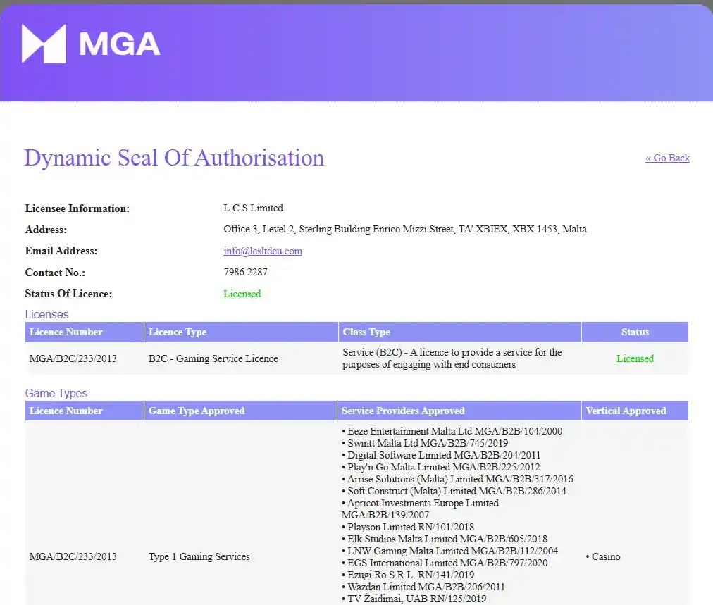MGA-registervermelding van L.C.S Limited met licentiestatus en slotshammer.com bij de goedgekeurde website-URL