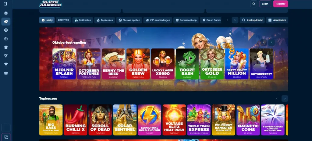 Actueel SlotsHammer-speloverzicht met casinocategorieën en zichtbare filters voor spelaanbieders